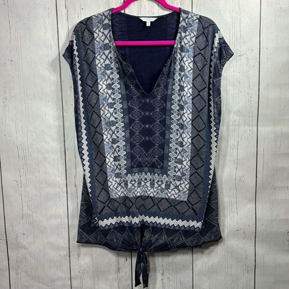 Lucky Brand Plus Boho Tie Front Tribal Print Top Blue Gray 1X Peasant Festival